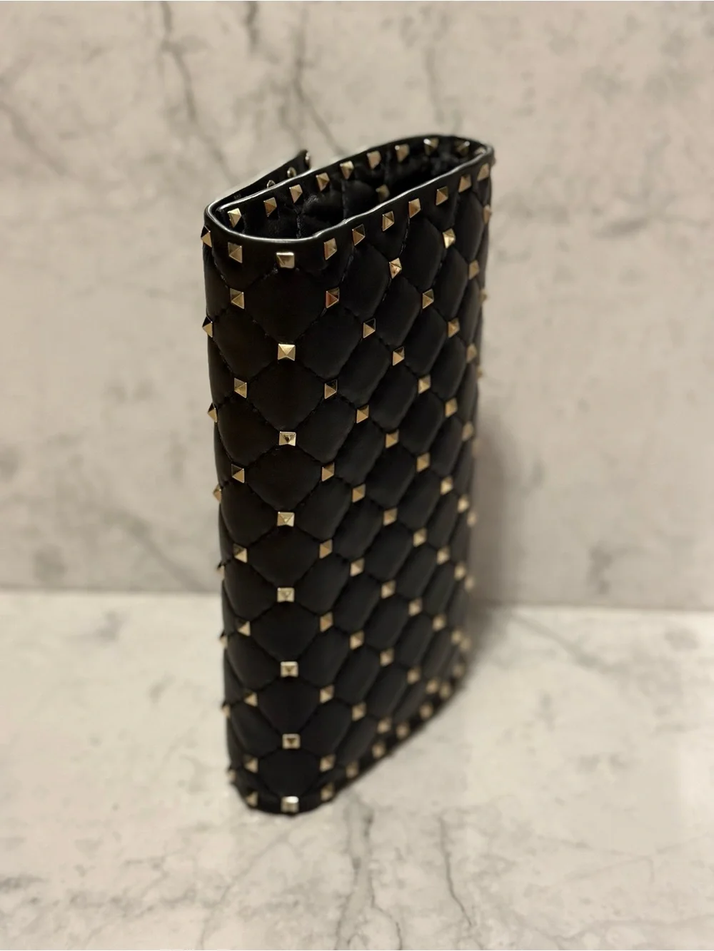 Valentino Garavani Black Quilted Studded Clutch - chain with Gold Hardware